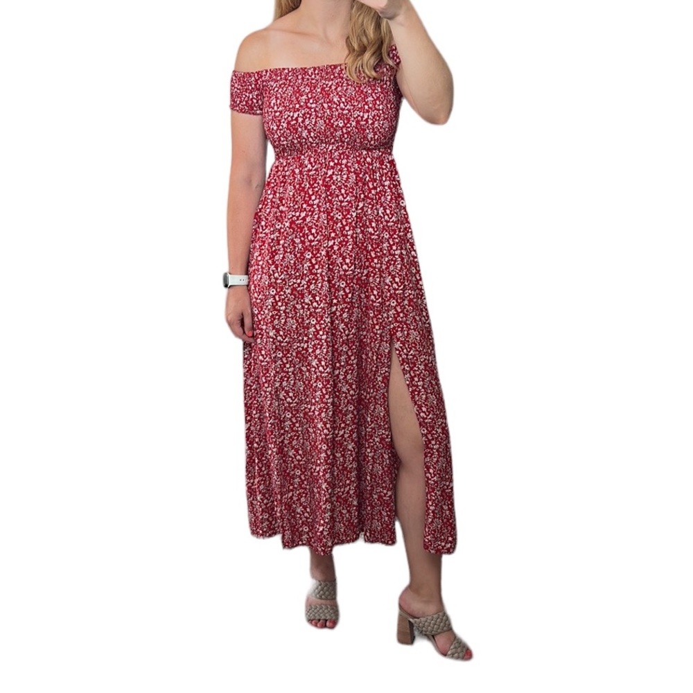 Red floral lightweight bohemian midi dress